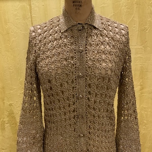 Vintage Gold Metallic 70s Crochet Dress w Poet Sleeves
