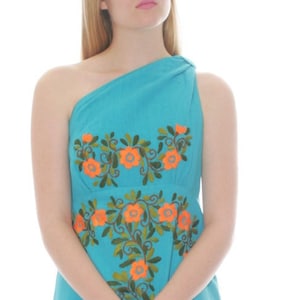 Vintage Mexican Cotton Maxi One Shoulder Caftan Dress