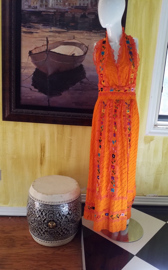 Vintage Floral Mexican Halter Maxi Dress