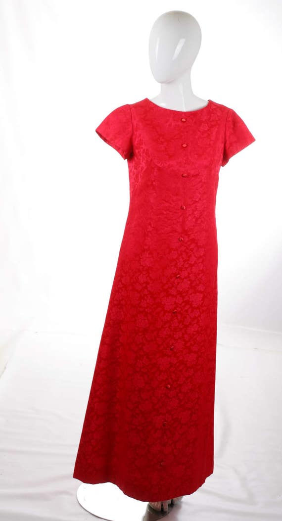 Vintage Red Jacquard Maxi Flared Column Dress - image 2