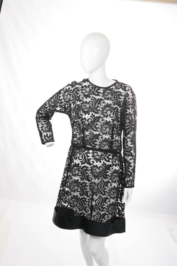 DISCOUNTED Sheer Lace Black Mini Dress Satin Trim