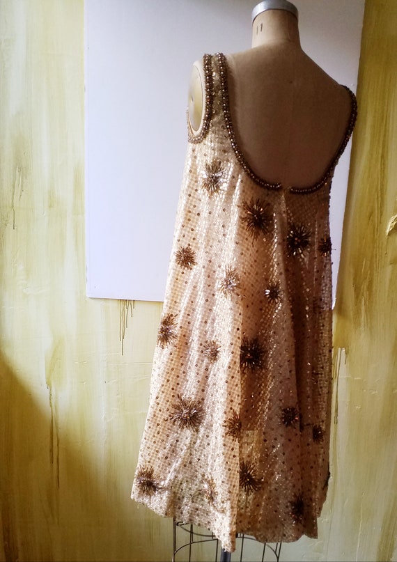 Retro Gold Beaded Sequin Baby Doll Tent Mini Dress - Gem