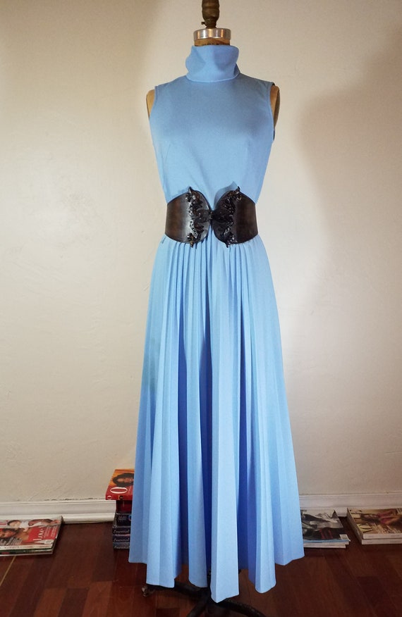 Vintage 60s MOD Pleated Maxi Dress Blue - image 2