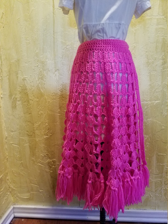 Pink Granny Squares Crochet Fringe Poncho / Shawl 