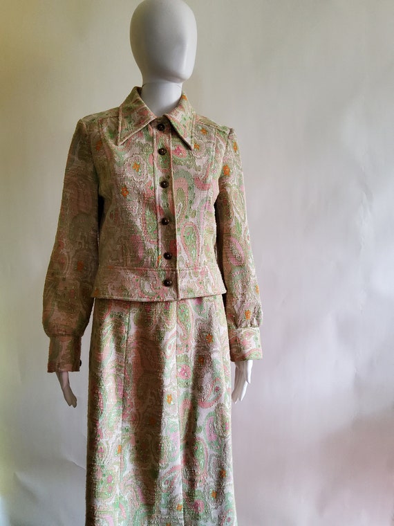 Vintage Brocade Floral Maxi Skirt Suit