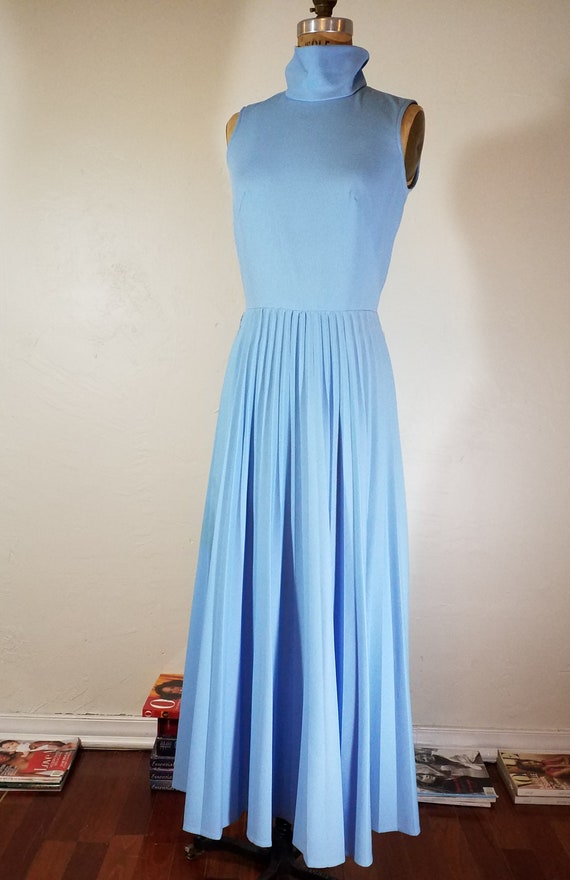 Vintage 60s MOD Pleated Maxi Dress Blue - image 4