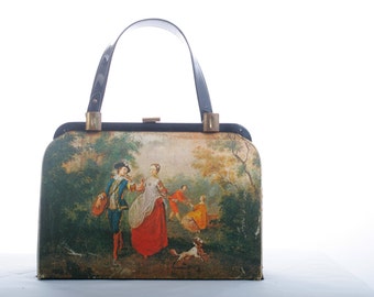 Impressionist Vintage Silk and Patent Vinyl Handbag
