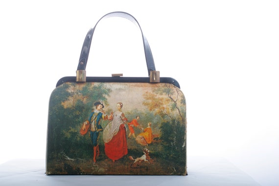 Impressionist Vintage Silk and Patent Vinyl Handbag