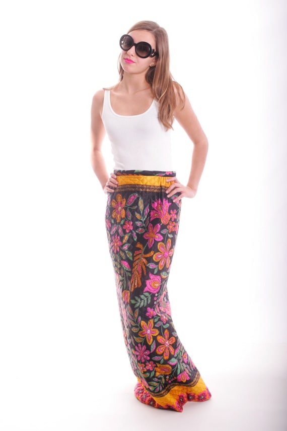 Vintage Quilted Psychedelic Floral Maxi Skirt