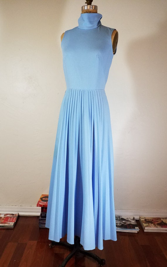 Vintage 60s MOD Pleated Maxi Dress Blue