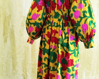 Oscar De La Renta 70s Retro Floral Psychedelic Maxi Dress