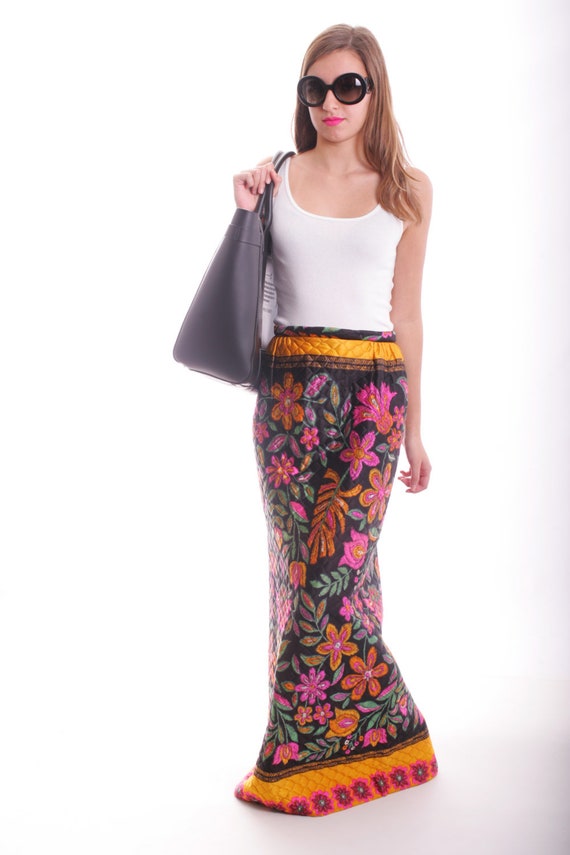 Vintage Quilted Psychedelic Floral Maxi Skirt