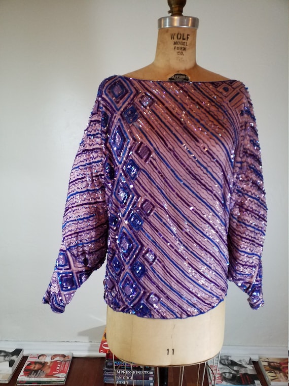 Vintage Saks Heavy Sequin Pink Blue Blouse - image 1