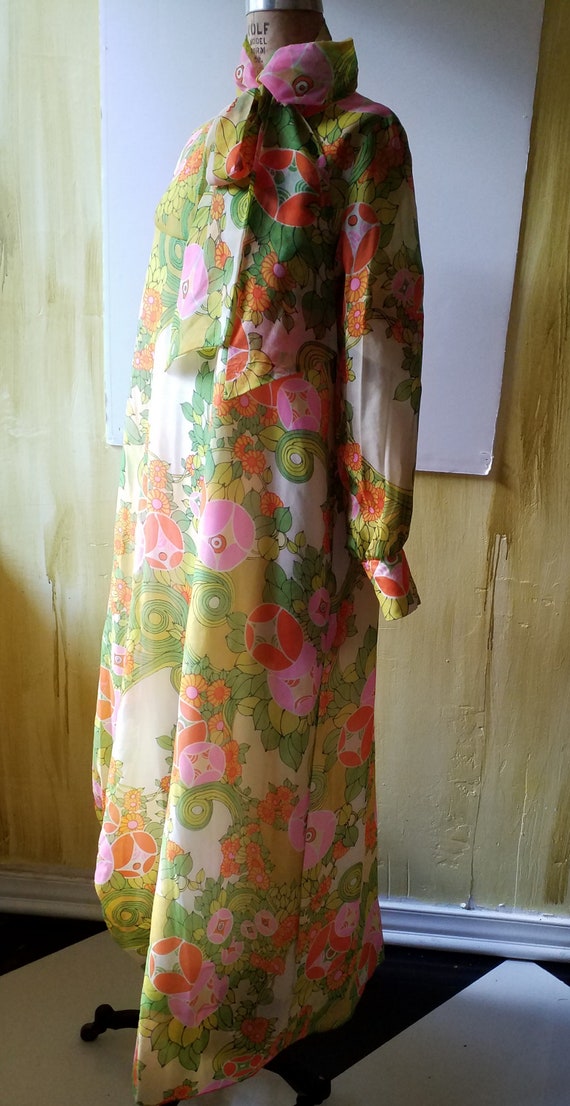 Retro Psychedelic Floral Silk Chiffon Maxi Dress … - image 3