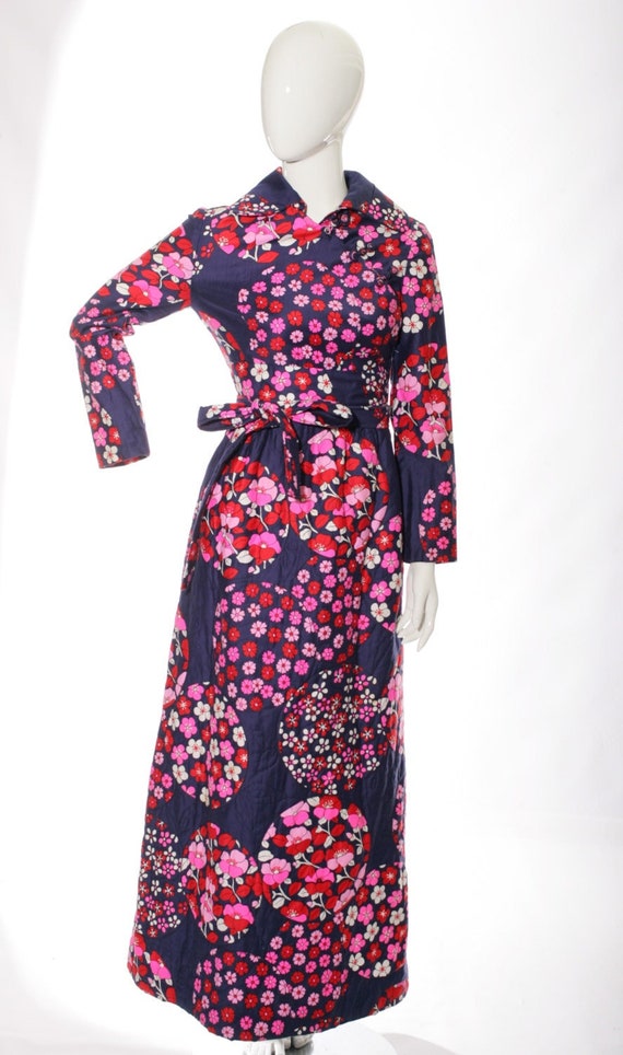 60s Psychedelic Magnin Floral Maxi Cotton Robe Coa