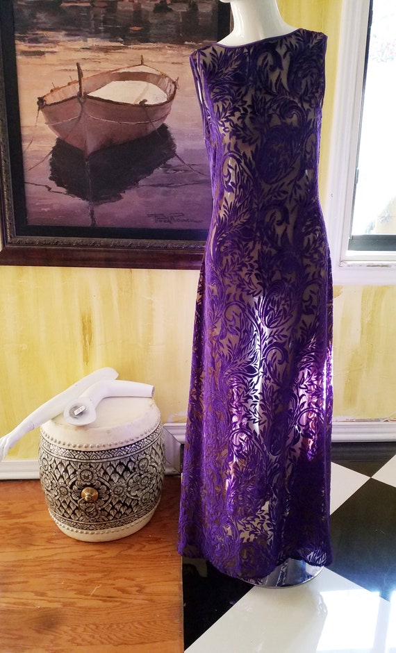 Vintage Sheer Purple Floral Maxi Dress