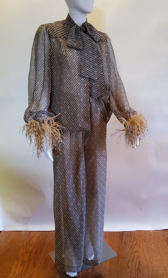 Magnin Crepe Pantsuit Ostrich Feather Trim