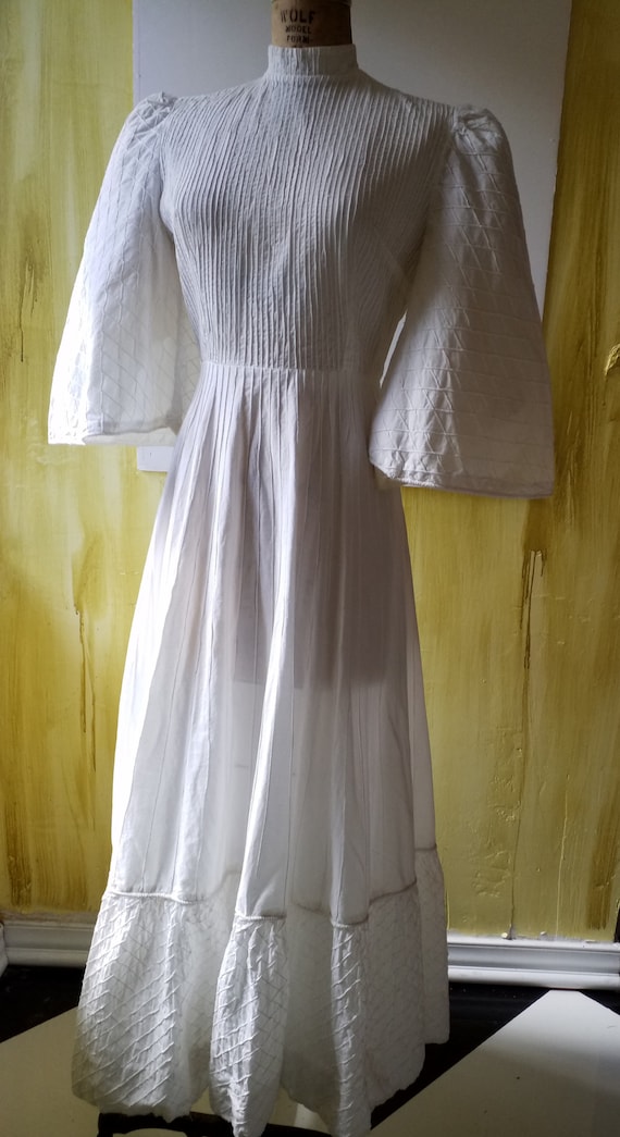 Vintage White Cotton Pintucked Bell Maxi Dress