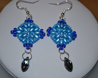 Mandala earrings, drop and dangle, pastel turquoise with Crystal droplet