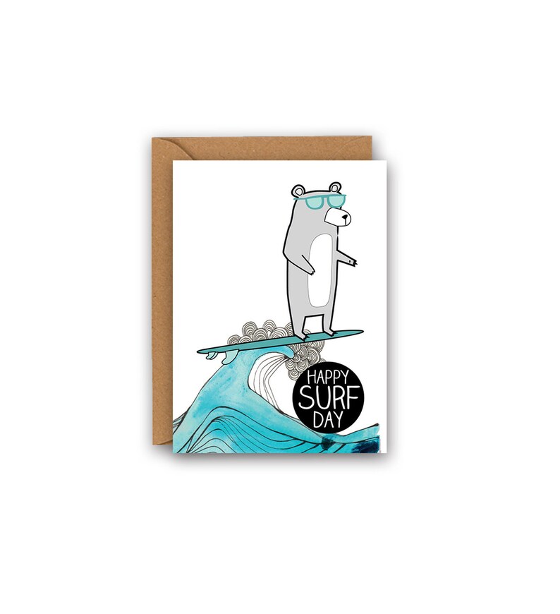 Happy Surf Day Mini Card Surfing Bear Watercolour Bear Etsy