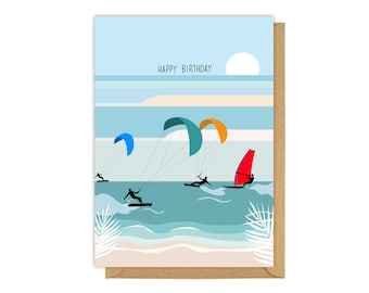Carte d'anniversaire planche à voile et kitesurf