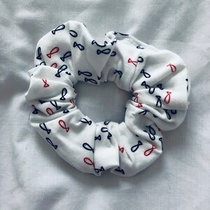 White with Red and Navy Fish Print Scrunchie
