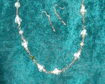 White Heart Crystal Chain Link Necklace Earring Set