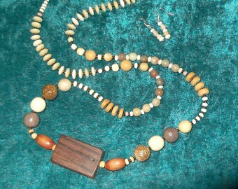 Brown Wooden Bead Necklace and Earring Set