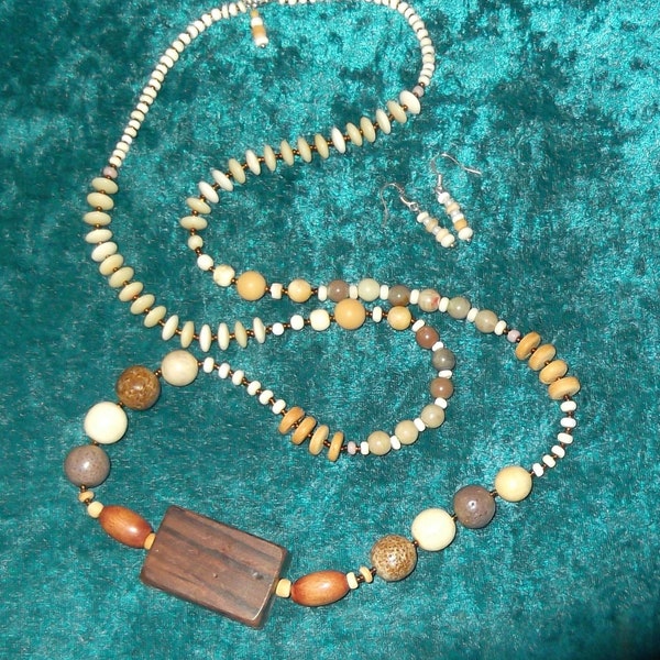 Brown Wooden Bead Necklace and Earring Set