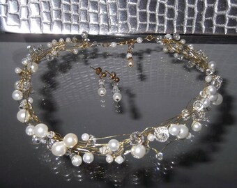 Crystal and Pearl Choker Necklace and Earring Set, White or ivory pearls, gold or silver wire