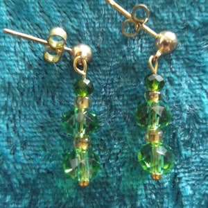 Green Crystal Drop Dangle Earrings, Medium length with gold pierced ball stud findings