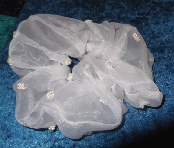 White Beaded Organza Hair Scrunchie - Etsy display picture 3