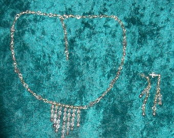 Collar de eslabones de cadena de cristal de amatista gris y juego de pendientes