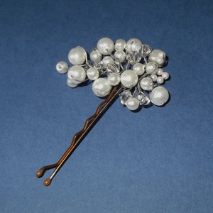 White Lustre Pearl and Crystal Hairpin, Hand crafted one of a kind hair decorative hairpin