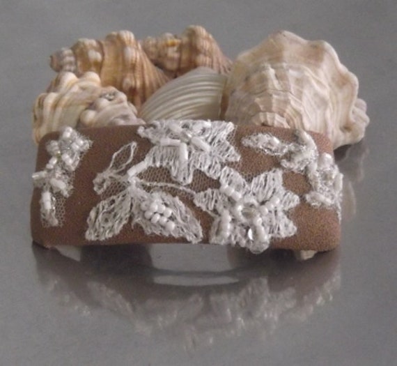 Beaded Embroidered Lace Hair Clip, Ivory Cream and Antique 