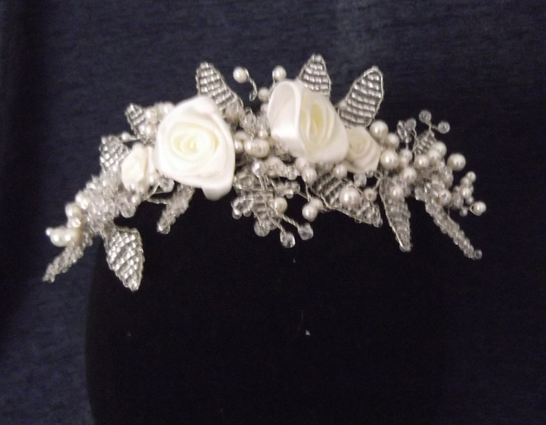 Roses Pearl and Crystal Bead Woven Headpiece available in white or ivory