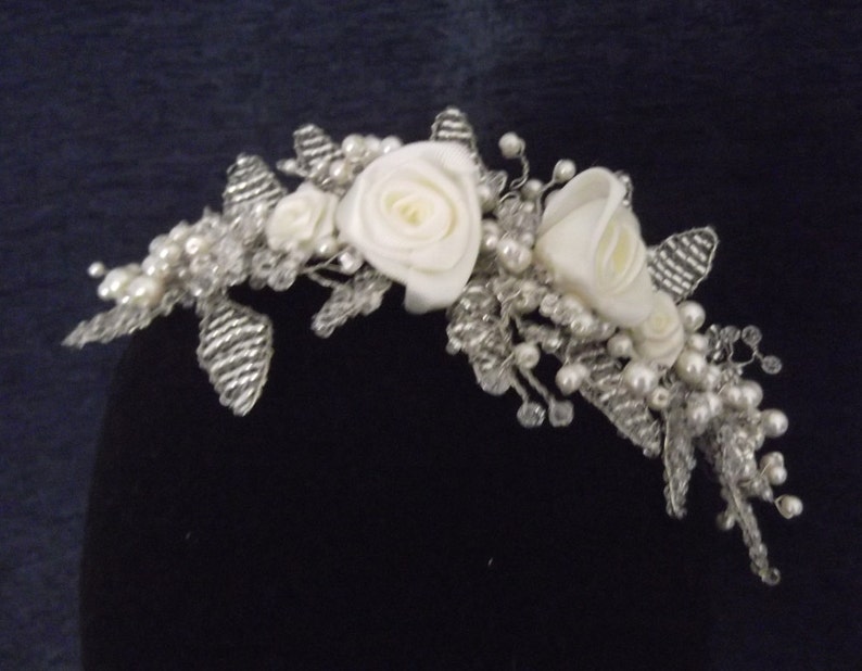 Roses Pearl and Crystal Bead Woven Headpiece available in white or ivory