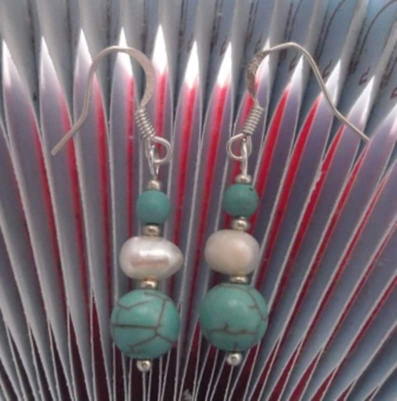 Freshwater Pearl Pierced Shepherds Hook Natural Crystal Turquoise Gemstone Drop Earrings