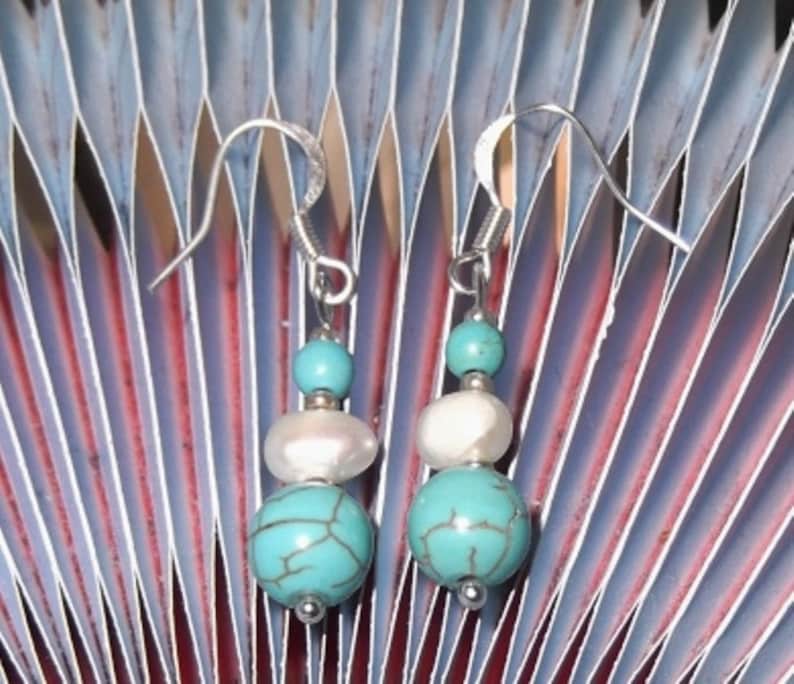 Freshwater Pearl Pierced Shepherds Hook Natural Crystal Turquoise Gemstone Drop Earrings
