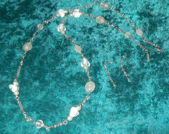 White Heart and Crystal Chain Link Necklace Earring Set
