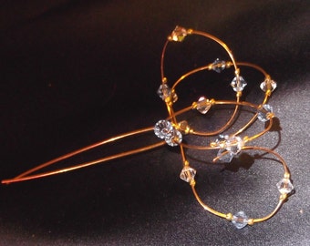 Handcrafted 24 ct Gold Clad Crystal Hairpin, Blue & ClearSwarovski Crystals and Pearls, Bridal and Evening Hair Accessories