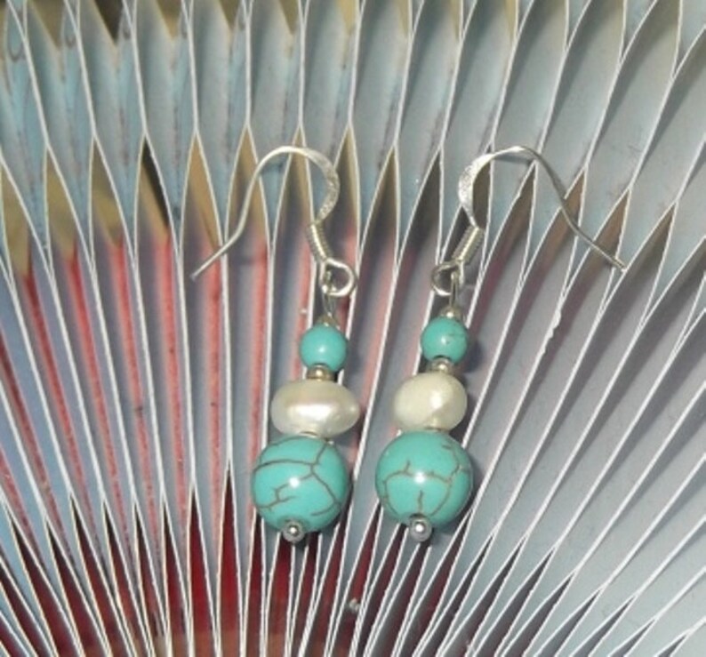 Freshwater Pearl Pierced Shepherds Hook Natural Crystal Turquoise Gemstone Drop Earrings
