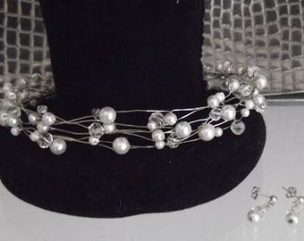 Silver WIre Crystal and Pearl Choker Necklace and Earring Set. Available in white or ivory pearls