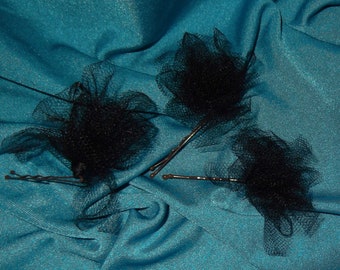 Set of 3 Black Tulle Rose Flower Hairpins