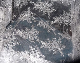 Silver Beaded Embroidered Net Lace Fabric, 137 cm width