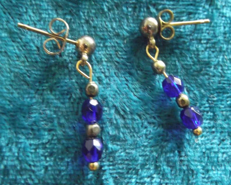 Medium length with gold pierced ball stud findings Blue Crystal Drop Dangle Earrings