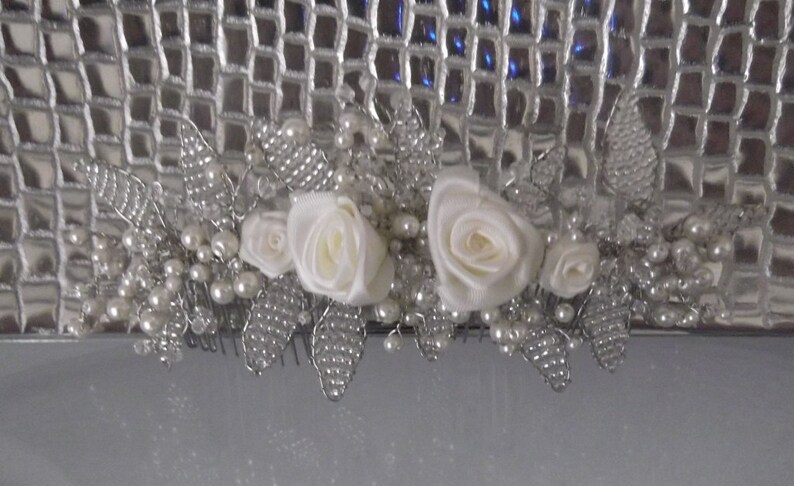 Roses Pearl and Crystal Bead Woven Headpiece available in white or ivory