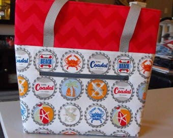 Large Zippered Beach Themed Tote -Red/Orange/Blue/Grey/White (Handmade)