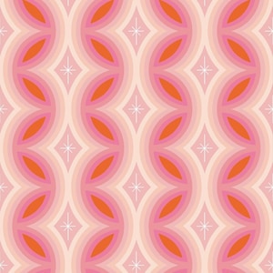 May include: A repeating pattern featuring vertical wavy lines in shades of pink, light peach, and orange. The design includes almond-shaped segments and small white four-pointed star icons centred between the curved lines on a light pink background.