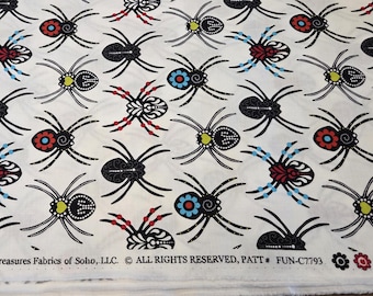 Spider Fabric by Timeless Treasures, Black/Colourful Spiders on White, BTHY